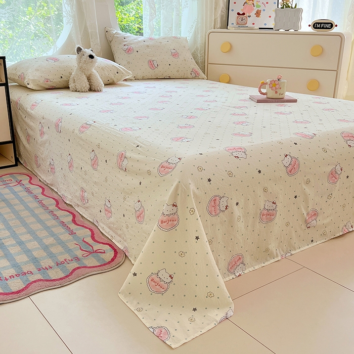 91家纺网 家纺一手货源 找家纺 彩韵家纺 2025新款印花木m双层纱床单系列 木m双层纱-萌球喵喵