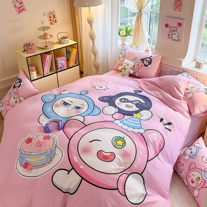 91家纺网 家纺一手货源 找家纺 馨语家居 2025新款全棉双层纱四件套 球球大作战