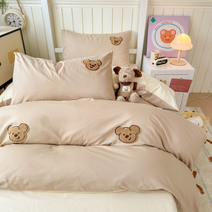 91家纺网 家纺一手货源 找家纺 锦觅 2025新款学生季全棉纯棉毛巾绣三件套奶油小清新刺绣四件套（全文件大图以及买家秀） 萌趣小熊