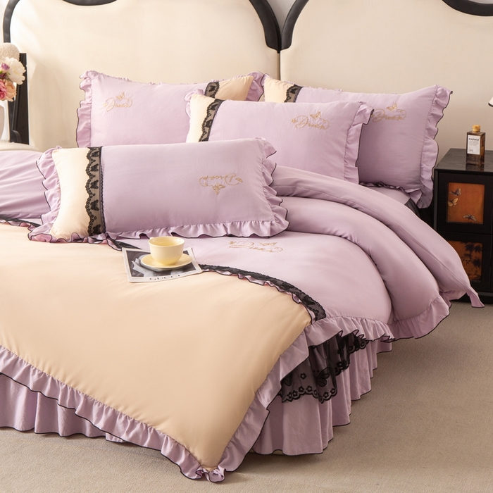 91家纺网 家纺一手货源 找家纺 皇谱家纺  2025新款60sA类水洗棉床裙款四件套-彩蝶之恋 彩蝶之恋-紫