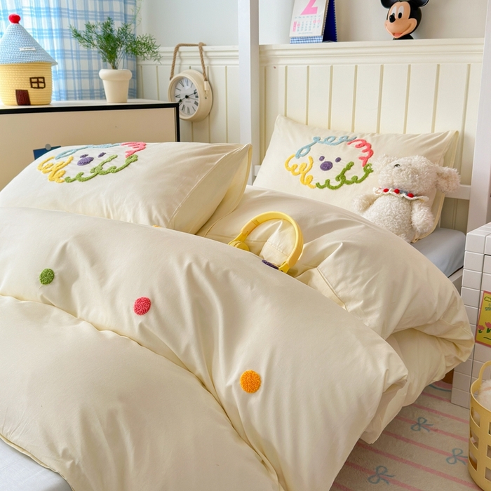 91家纺网 家纺一手货源 找家纺 锦觅 2025新款学生季全棉纯棉毛巾绣三件套奶油小清新刺绣四件套（全文件大图以及买家秀） 彩虹波点