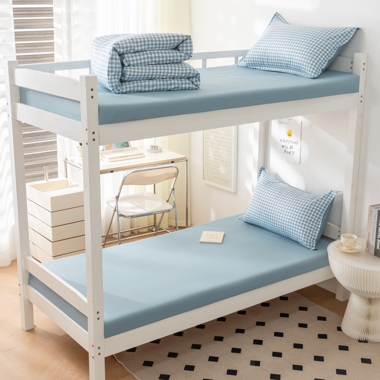 91家纺网 家纺一手货源 找家纺 贝兰仙奴 2025新款13372全棉印花简约学生三件套 蓝小格