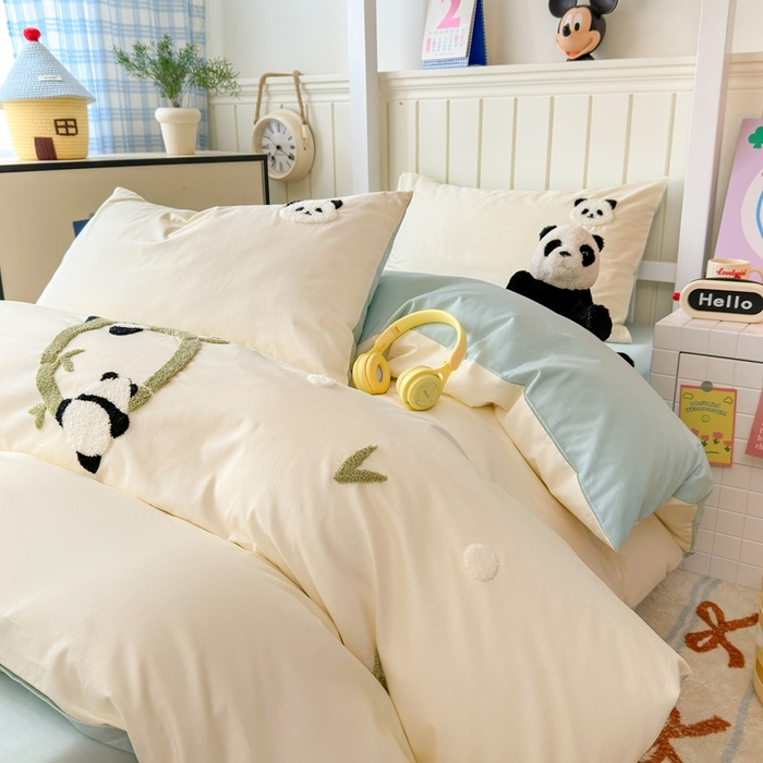 91家纺网 家纺一手货源 找家纺 锦觅 2025新款学生季全棉纯棉毛巾绣三件套奶油小清新刺绣四件套（全文件大图以及买家秀） 可爱熊猫