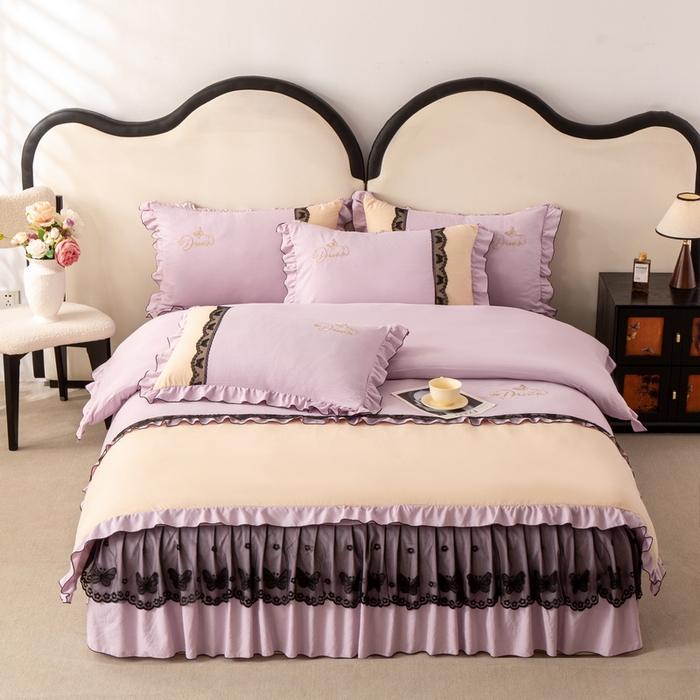 91家纺网 家纺一手货源 找家纺 皇谱家纺  2025新款60sA类水洗棉床裙款四件套-彩蝶之恋 彩蝶之恋-紫