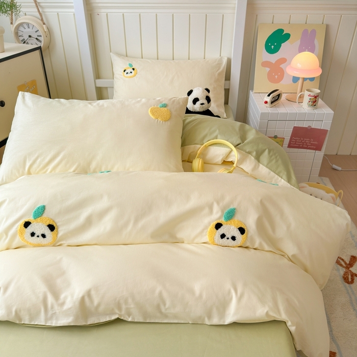 91家纺网 家纺一手货源 找家纺 锦觅 2025新款学生季全棉纯棉毛巾绣三件套奶油小清新刺绣四件套（全文件大图以及买家秀） 苹果熊猫