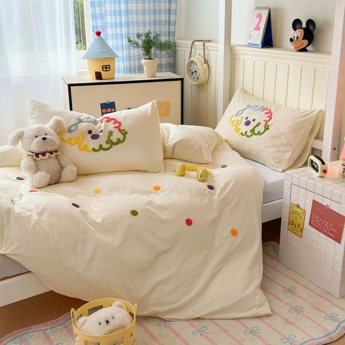 91家纺网 家纺一手货源 找家纺 锦觅 2025新款学生季全棉纯棉毛巾绣三件套奶油小清新刺绣四件套（全文件大图以及买家秀） 彩虹波点