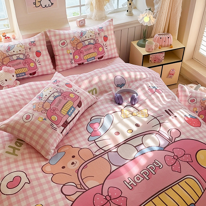 91家纺网 家纺一手货源 找家纺 馨语家居 2025新款全棉双层纱四件套 猫咪假日