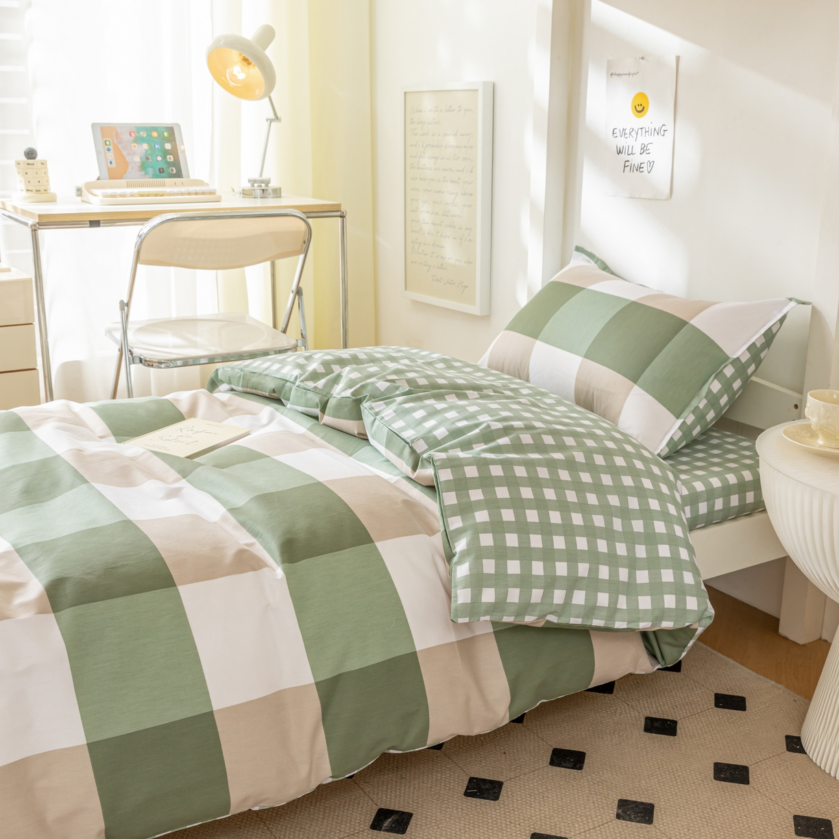 91家纺网 家纺一手货源 找家纺 贝兰仙奴 2025新款13372全棉印花简约学生三件套 绿大格