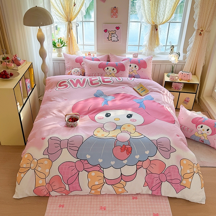 91家纺网 家纺一手货源 找家纺 馨语家居 2025新款全棉双层纱四件套 兔兔少女