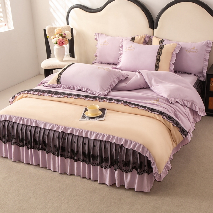 91家纺网 家纺一手货源 找家纺 皇谱家纺  2025新款60sA类水洗棉床裙款四件套-彩蝶之恋 彩蝶之恋-紫