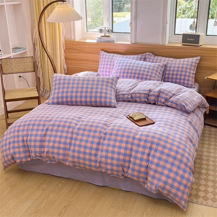 91家纺网 家纺一手货源 找家纺 （总）美尔惠家纺 2025直播热款无印风色织水洗四件套简约格子款学生宿舍三件套床单款