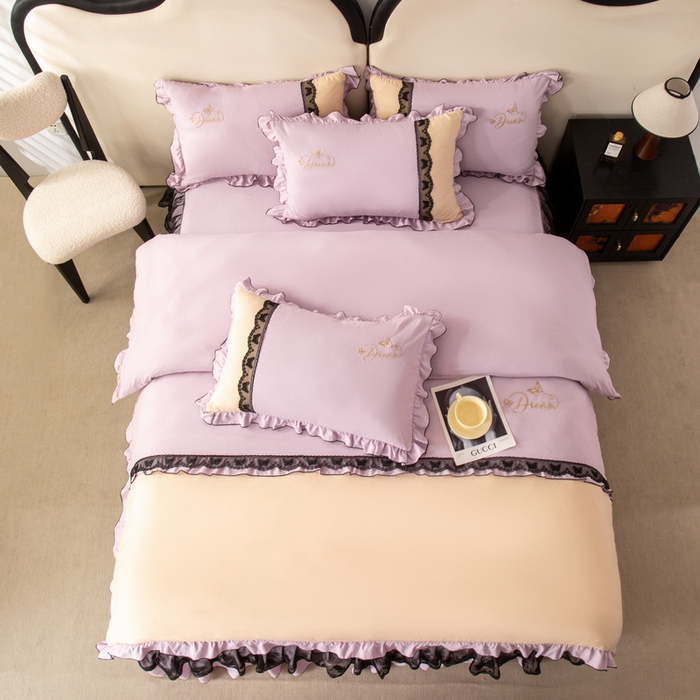 91家纺网 家纺一手货源 找家纺 皇谱家纺  2025新款60sA类水洗棉床裙款四件套-彩蝶之恋 彩蝶之恋-紫