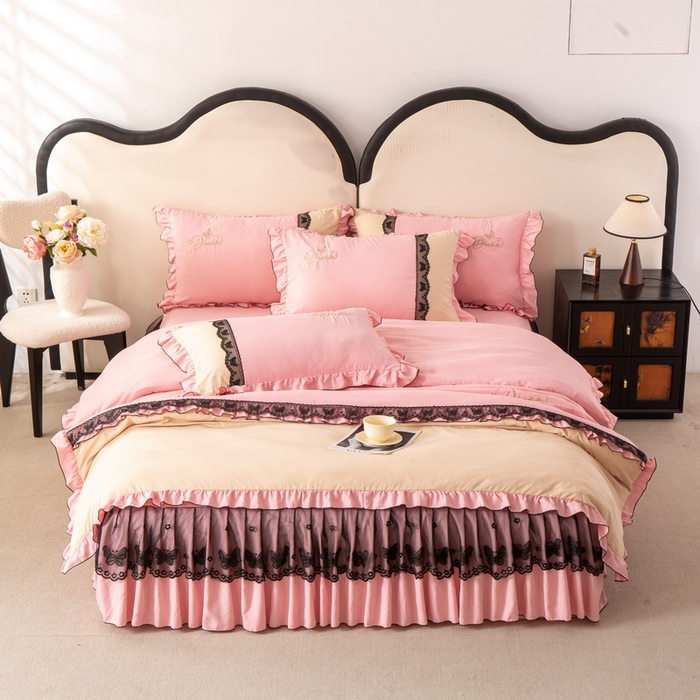 91家纺网 家纺一手货源 找家纺 皇谱家纺  2025新款60sA类水洗棉床裙款四件套-彩蝶之恋 彩蝶之恋-粉