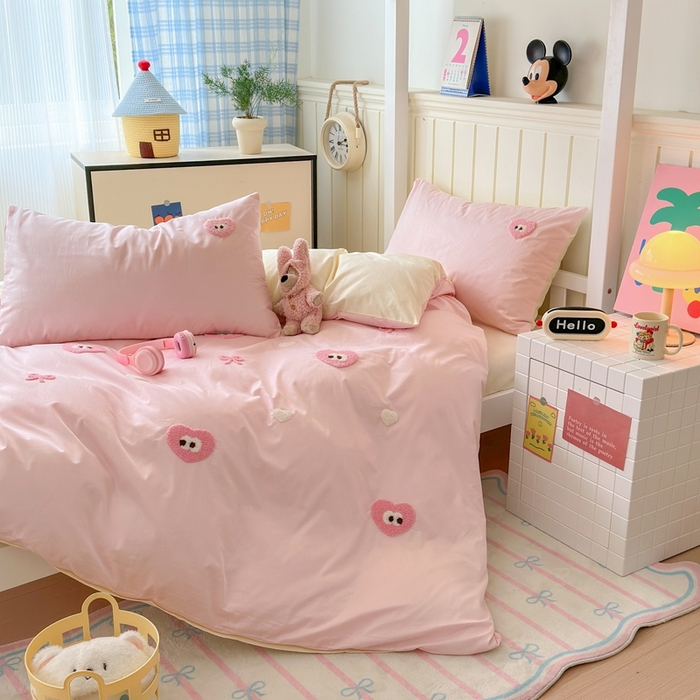 91家纺网 家纺一手货源 找家纺 锦觅 2025新款学生季全棉纯棉毛巾绣三件套奶油小清新刺绣四件套（全文件大图以及买家秀） 大眼爱心