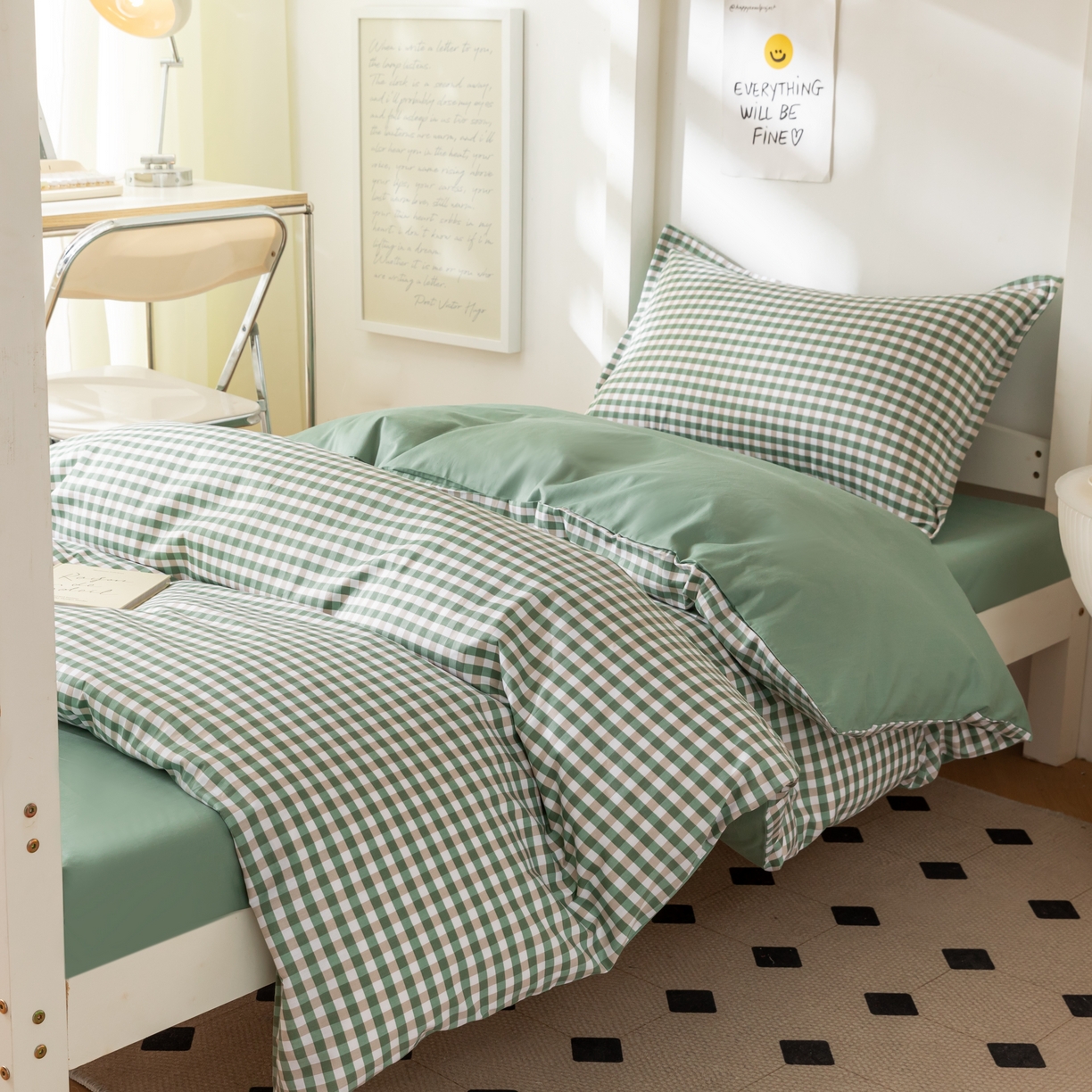 91家纺网 家纺一手货源 找家纺 贝兰仙奴 2025新款13372全棉印花简约学生三件套 绿小格