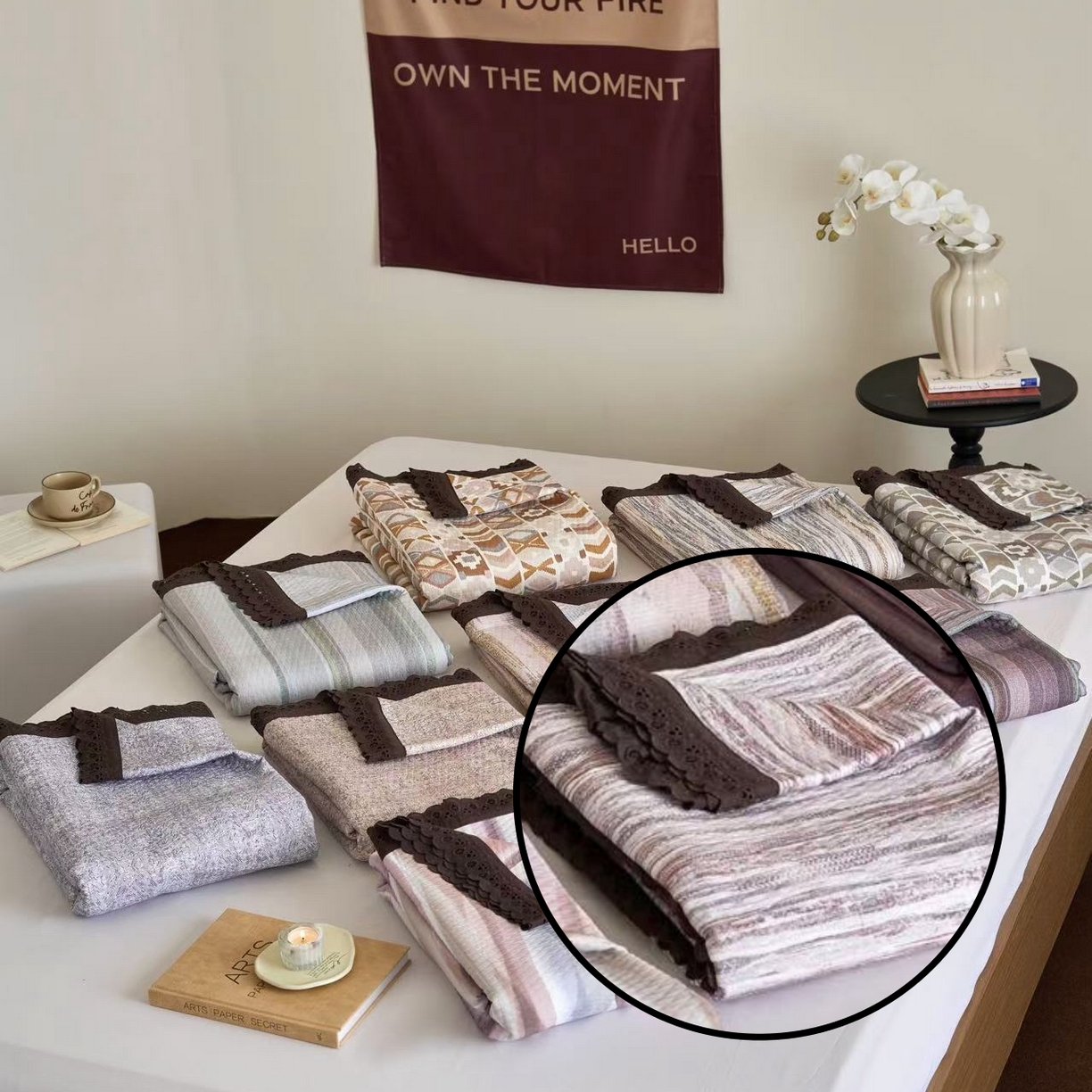 91家纺网 家纺一手货源 找家纺 月夏 2025新款春夏全棉纯棉提花床盖三件套 半岛-咖