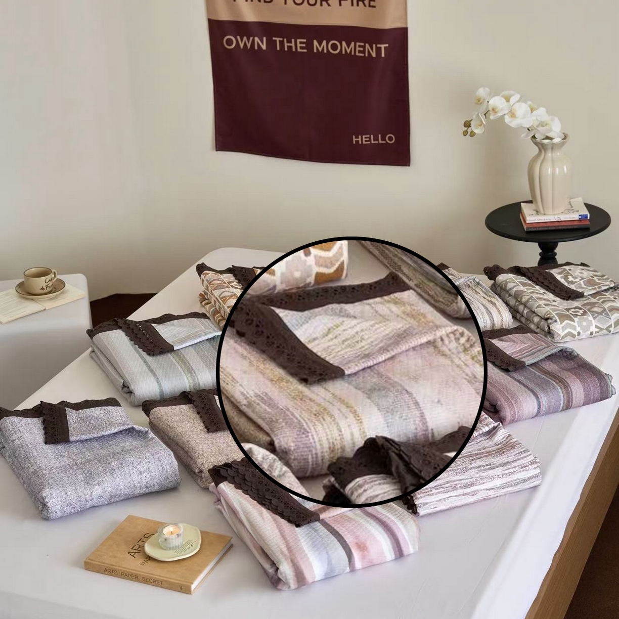 91家纺网 家纺一手货源 找家纺 月夏 2025新款春夏全棉纯棉提花床盖三件套 丛影-驼