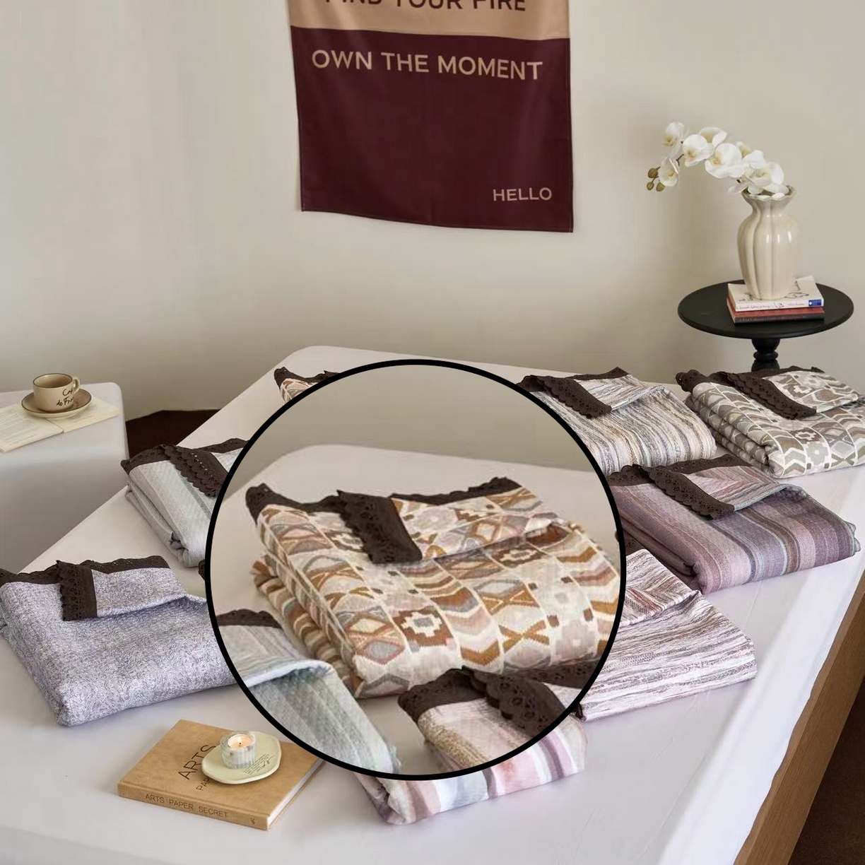 91家纺网 家纺一手货源 找家纺 月夏 2025新款春夏全棉纯棉提花床盖三件套 旷野-桔