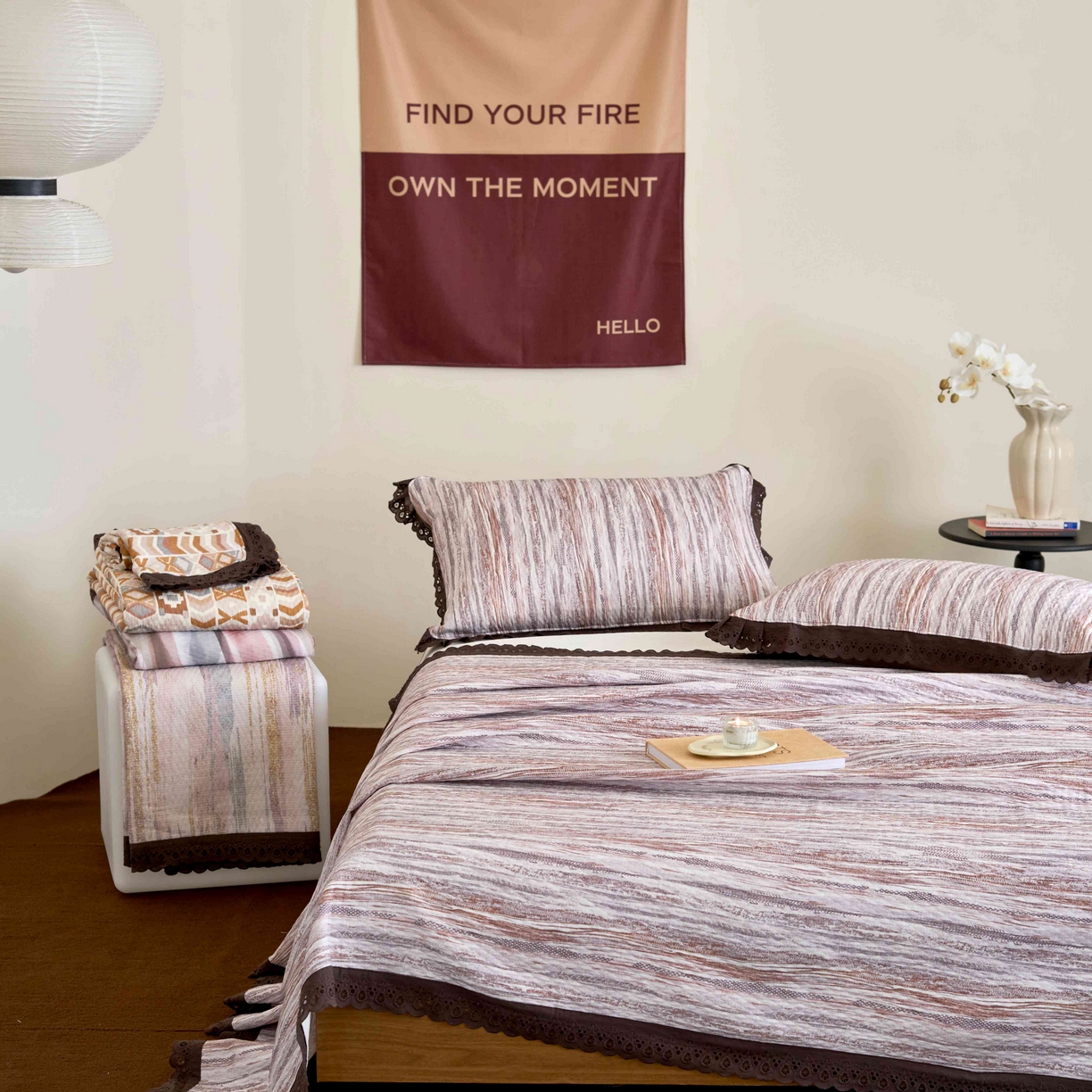 91家纺网 家纺一手货源 找家纺 月夏 2025新款春夏全棉纯棉提花床盖三件套 半岛-咖