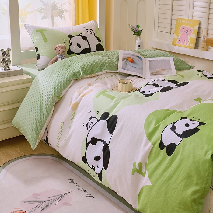 91家纺网 家纺一手货源 找家纺 金鑫汇2025新款学生上下铺棉加豆豆绒三件套 可爱熊猫