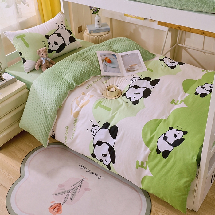 91家纺网 家纺一手货源 找家纺 金鑫汇2025新款学生上下铺棉加豆豆绒三件套 可爱熊猫