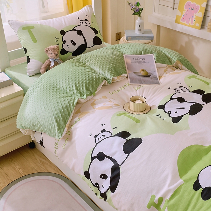 91家纺网 家纺一手货源 找家纺 金鑫汇2025新款学生上下铺棉加豆豆绒三件套 可爱熊猫