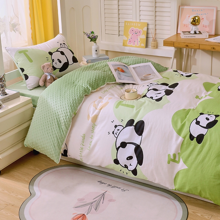 91家纺网 家纺一手货源 找家纺 金鑫汇2025新款学生上下铺棉加豆豆绒三件套 可爱熊猫