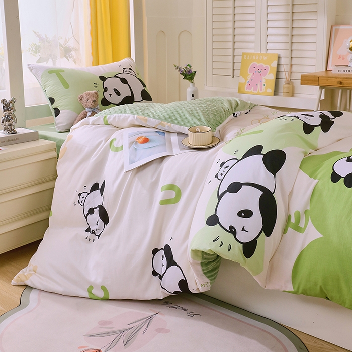 91家纺网 家纺一手货源 找家纺 金鑫汇2025新款学生上下铺棉加豆豆绒三件套 可爱熊猫