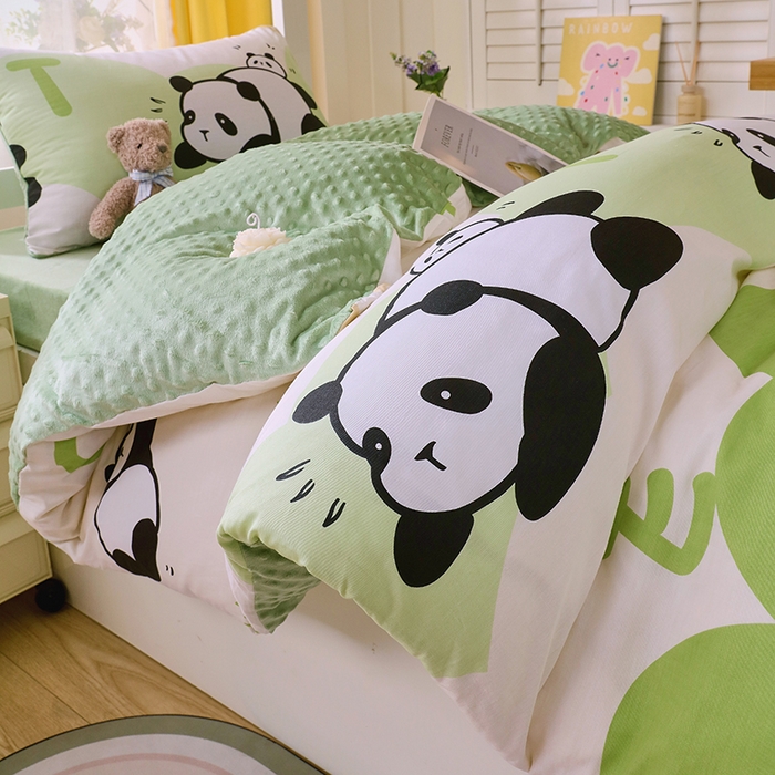 91家纺网 家纺一手货源 找家纺 金鑫汇2025新款学生上下铺棉加豆豆绒三件套 可爱熊猫