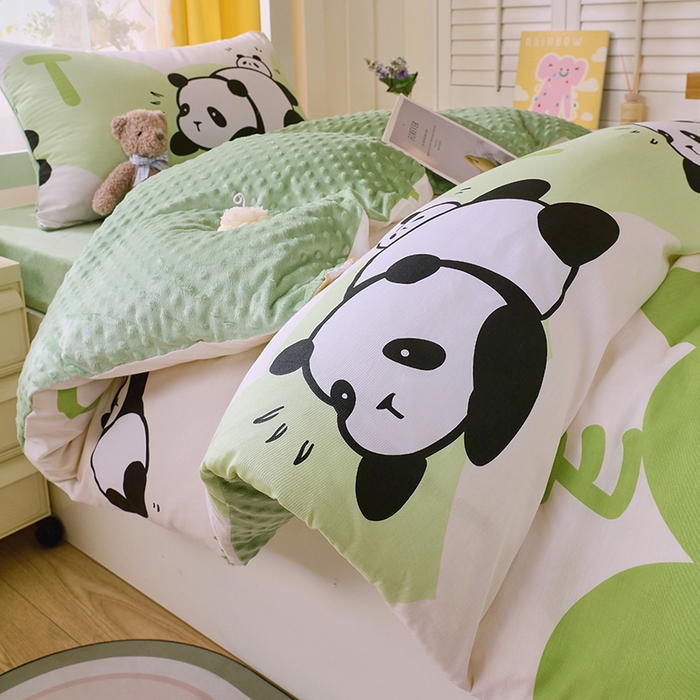 91家纺网 家纺一手货源 找家纺 金鑫汇2025新款学生上下铺棉加豆豆绒三件套 可爱熊猫