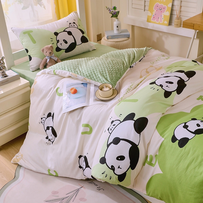 91家纺网 家纺一手货源 找家纺 金鑫汇2025新款学生上下铺棉加豆豆绒三件套 可爱熊猫