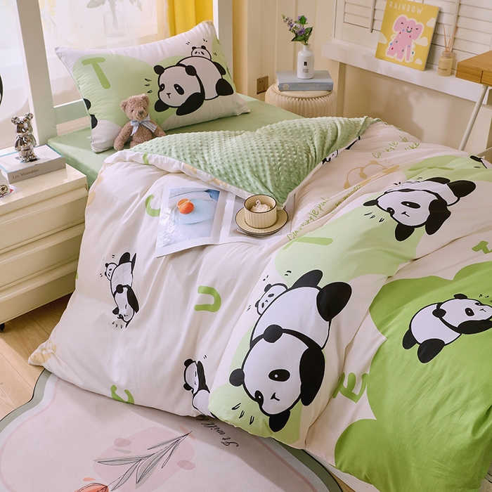 91家纺网 家纺一手货源 找家纺 金鑫汇2025新款学生上下铺棉加豆豆绒三件套 可爱熊猫