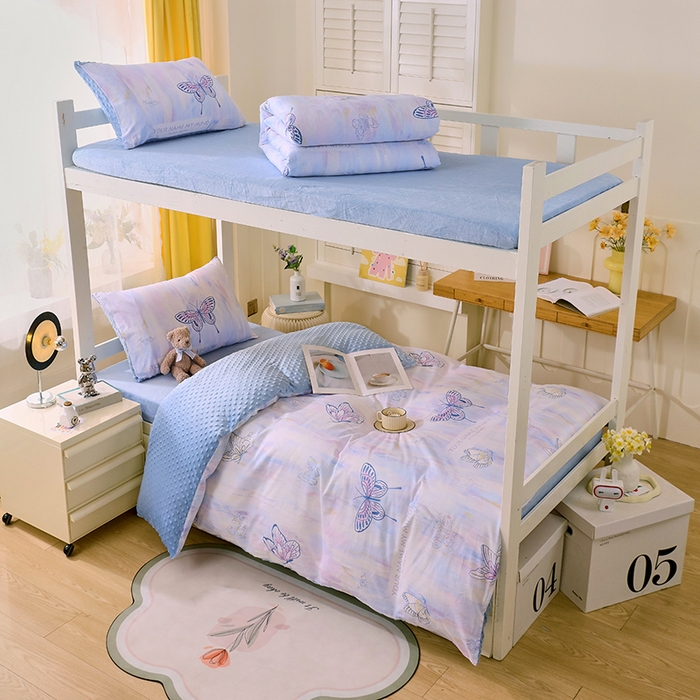 91家纺网 家纺一手货源 找家纺 金鑫汇2025新款学生上下铺棉加豆豆绒三件套 梦蝶