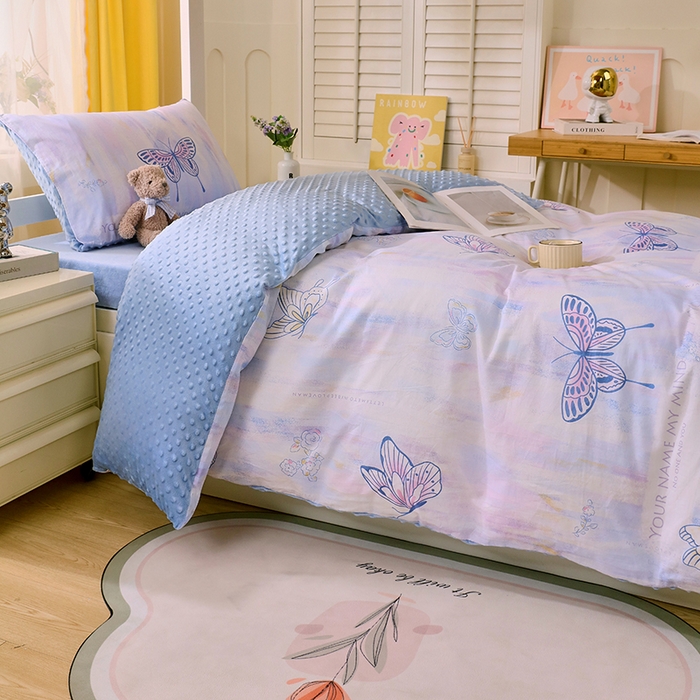 91家纺网 家纺一手货源 找家纺 金鑫汇2025新款学生上下铺棉加豆豆绒三件套 梦蝶