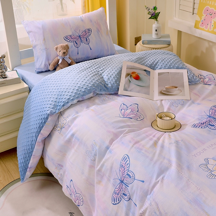 91家纺网 家纺一手货源 找家纺 金鑫汇2025新款学生上下铺棉加豆豆绒三件套 梦蝶