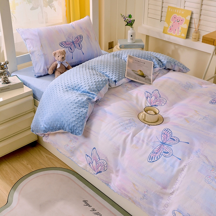 91家纺网 家纺一手货源 找家纺 金鑫汇2025新款学生上下铺棉加豆豆绒三件套 梦蝶