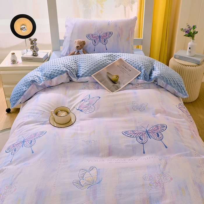 91家纺网 家纺一手货源 找家纺 金鑫汇2025新款学生上下铺棉加豆豆绒三件套 梦蝶