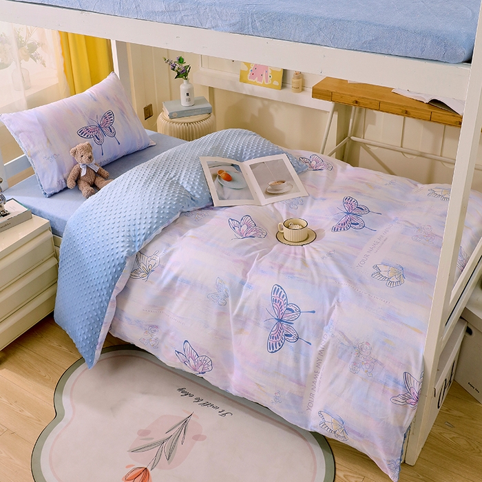 91家纺网 家纺一手货源 找家纺 金鑫汇2025新款学生上下铺棉加豆豆绒三件套 梦蝶