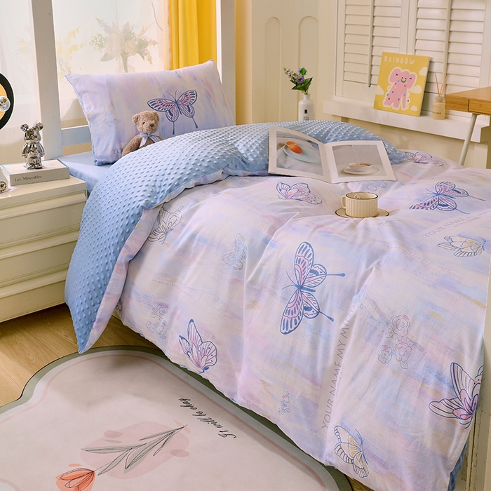 91家纺网 家纺一手货源 找家纺 金鑫汇2025新款学生上下铺棉加豆豆绒三件套 梦蝶