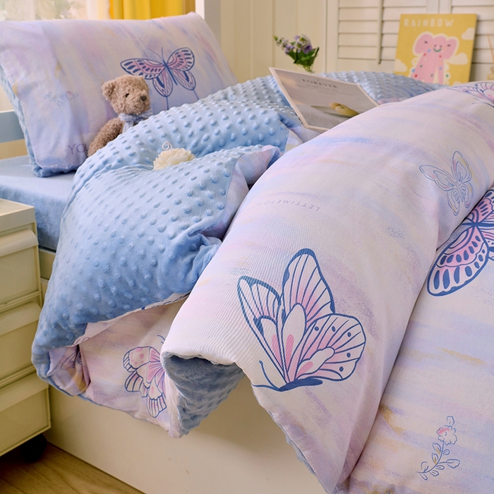 91家纺网 家纺一手货源 找家纺 金鑫汇2025新款学生上下铺棉加豆豆绒三件套 梦蝶