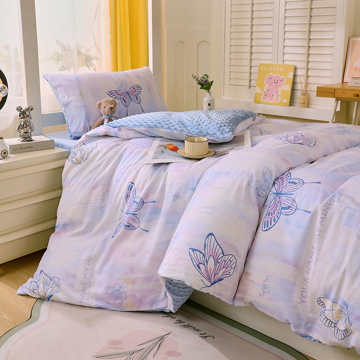 91家纺网 家纺一手货源 找家纺 金鑫汇2025新款学生上下铺棉加豆豆绒三件套 梦蝶