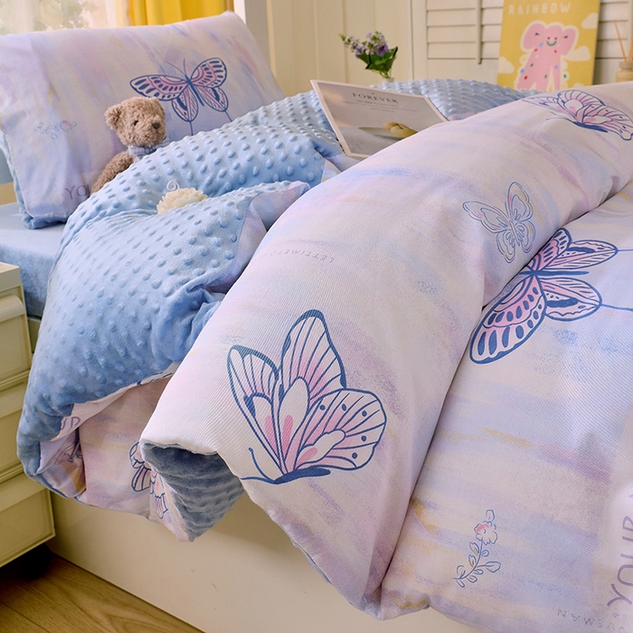 91家纺网 家纺一手货源 找家纺 金鑫汇2025新款学生上下铺棉加豆豆绒三件套 梦蝶