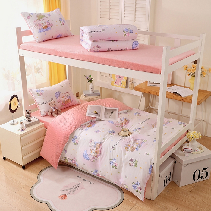 91家纺网 家纺一手货源 找家纺 金鑫汇2025新款学生上下铺棉加豆豆绒三件套 喵喵