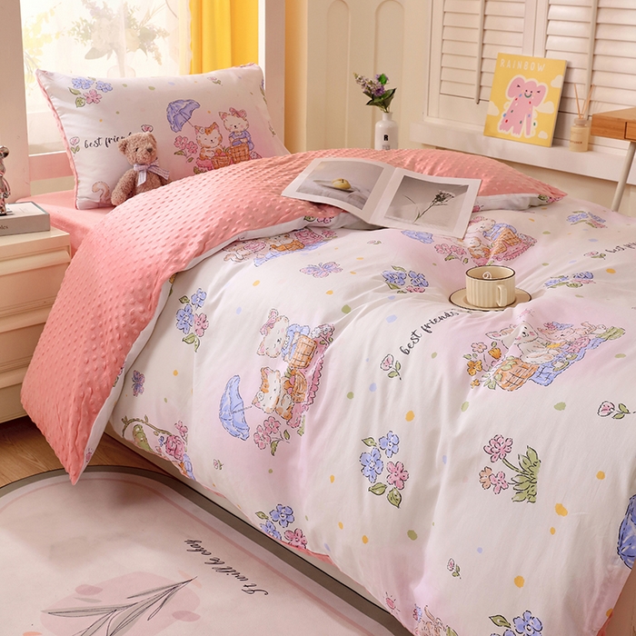 91家纺网 家纺一手货源 找家纺 金鑫汇2025新款学生上下铺棉加豆豆绒三件套 喵喵