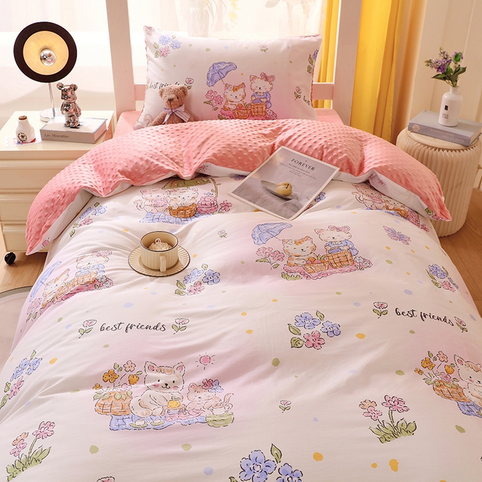 91家纺网 家纺一手货源 找家纺 金鑫汇2025新款学生上下铺棉加豆豆绒三件套 喵喵