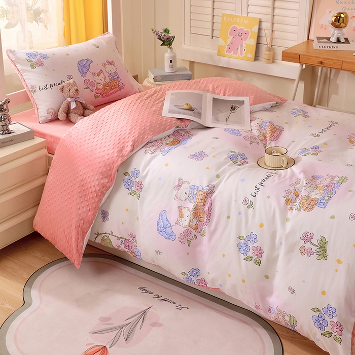 91家纺网 家纺一手货源 找家纺 金鑫汇2025新款学生上下铺棉加豆豆绒三件套 喵喵