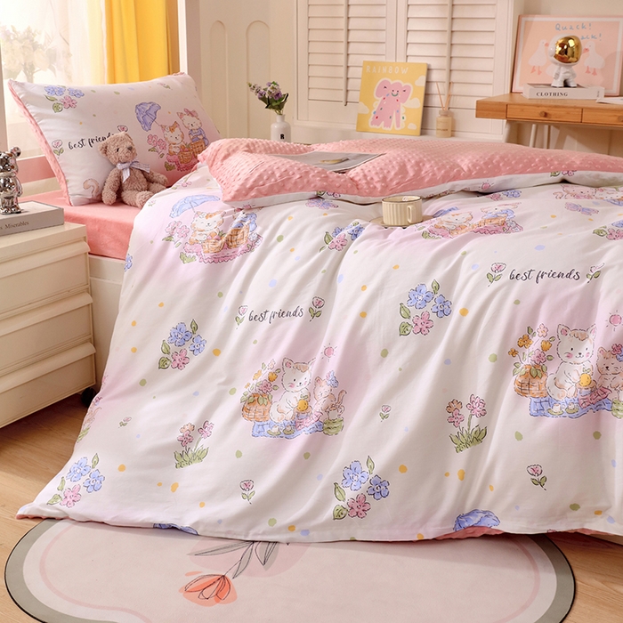 91家纺网 家纺一手货源 找家纺 金鑫汇2025新款学生上下铺棉加豆豆绒三件套 喵喵