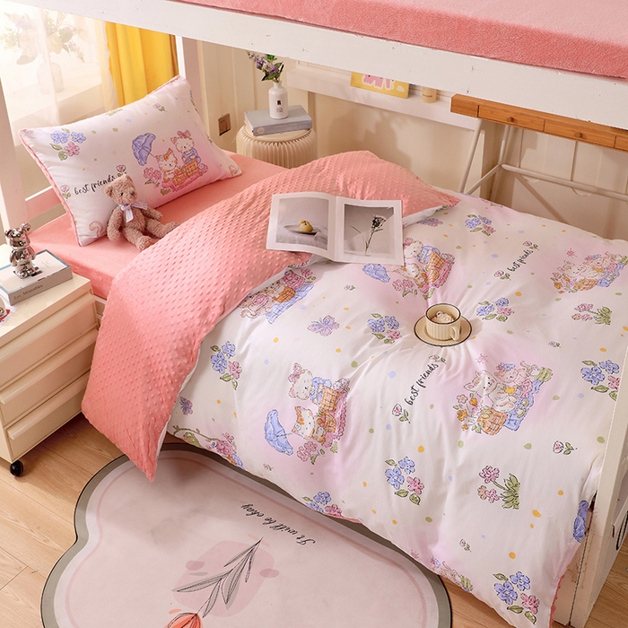 91家纺网 家纺一手货源 找家纺 金鑫汇2025新款学生上下铺棉加豆豆绒三件套 喵喵