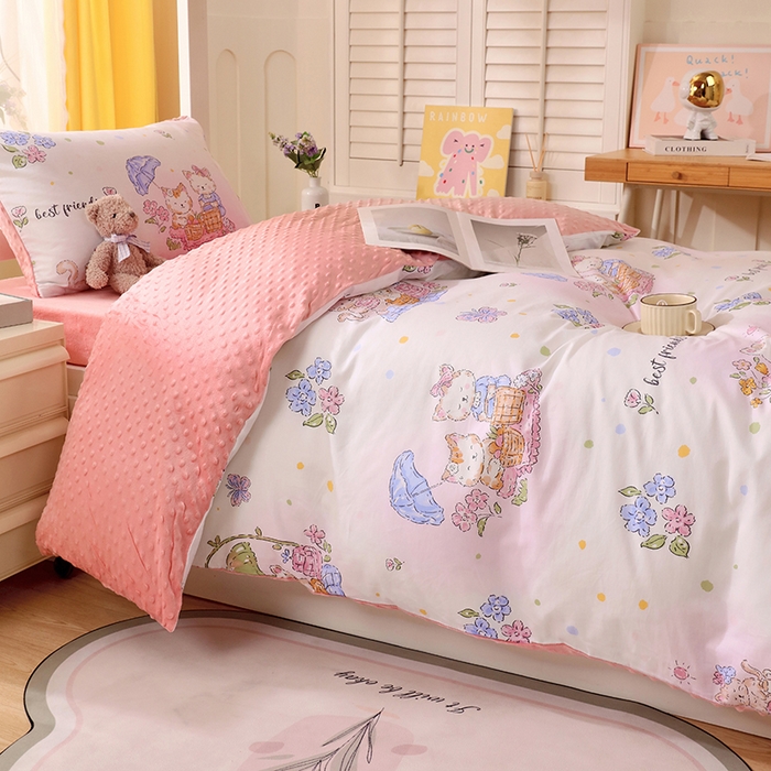 91家纺网 家纺一手货源 找家纺 金鑫汇2025新款学生上下铺棉加豆豆绒三件套 喵喵