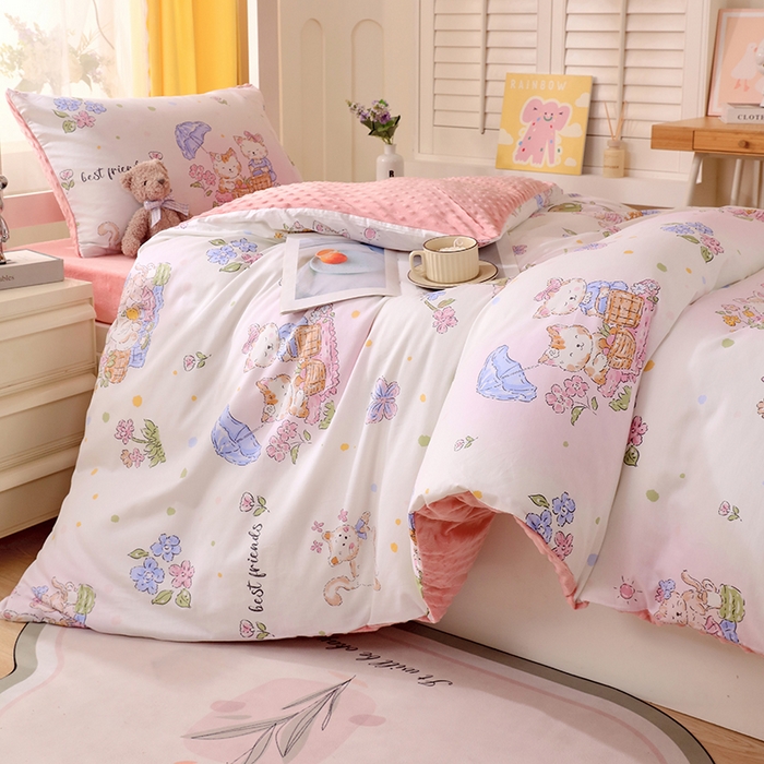 91家纺网 家纺一手货源 找家纺 金鑫汇2025新款学生上下铺棉加豆豆绒三件套 喵喵